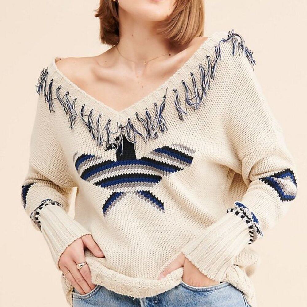 Anthropologie Chaser Eagle Fringe V-Neck Pullover Sweater